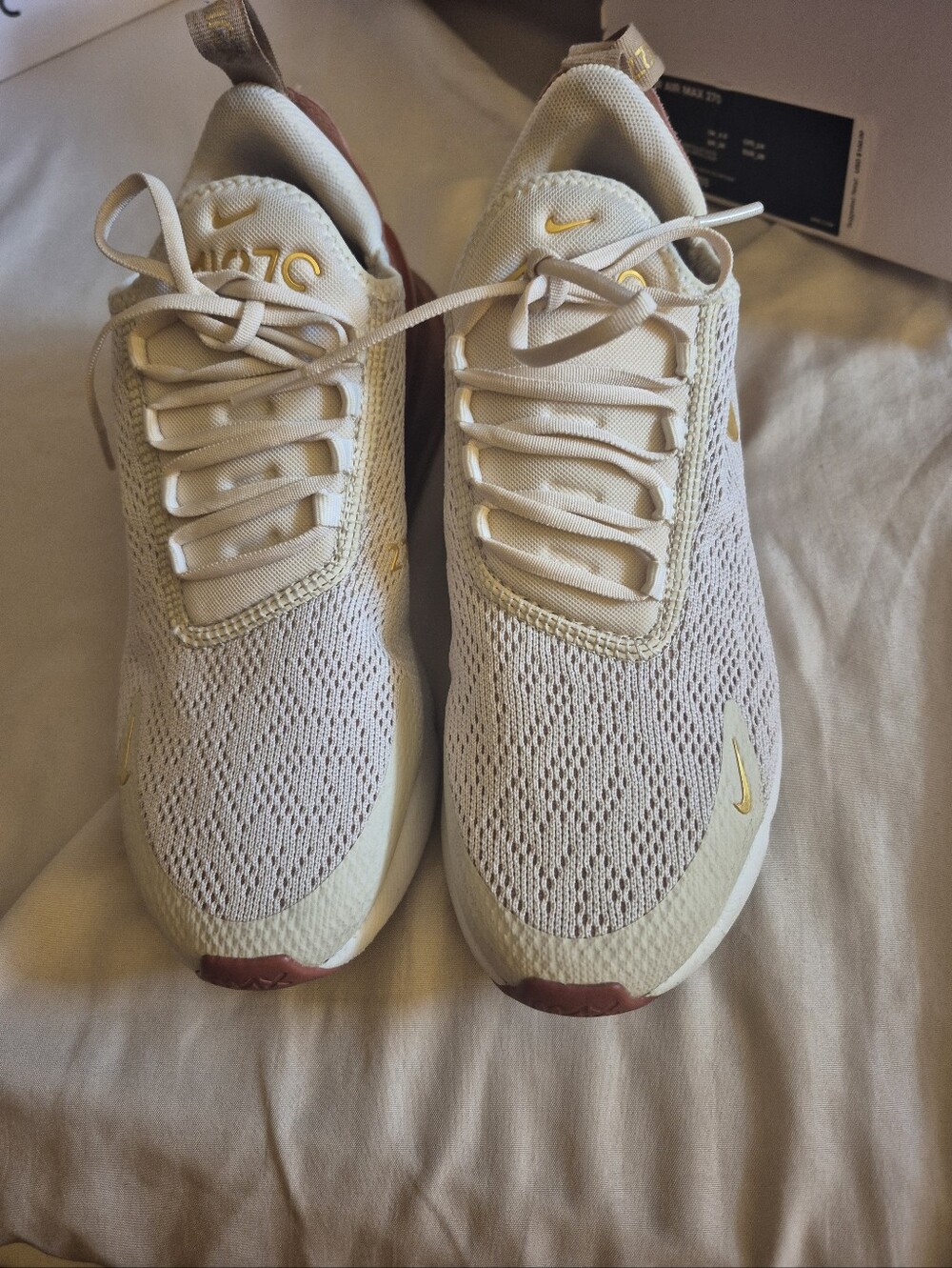 Nike Women’s Air Max 270 Sneakers in Cream with Gold Accents